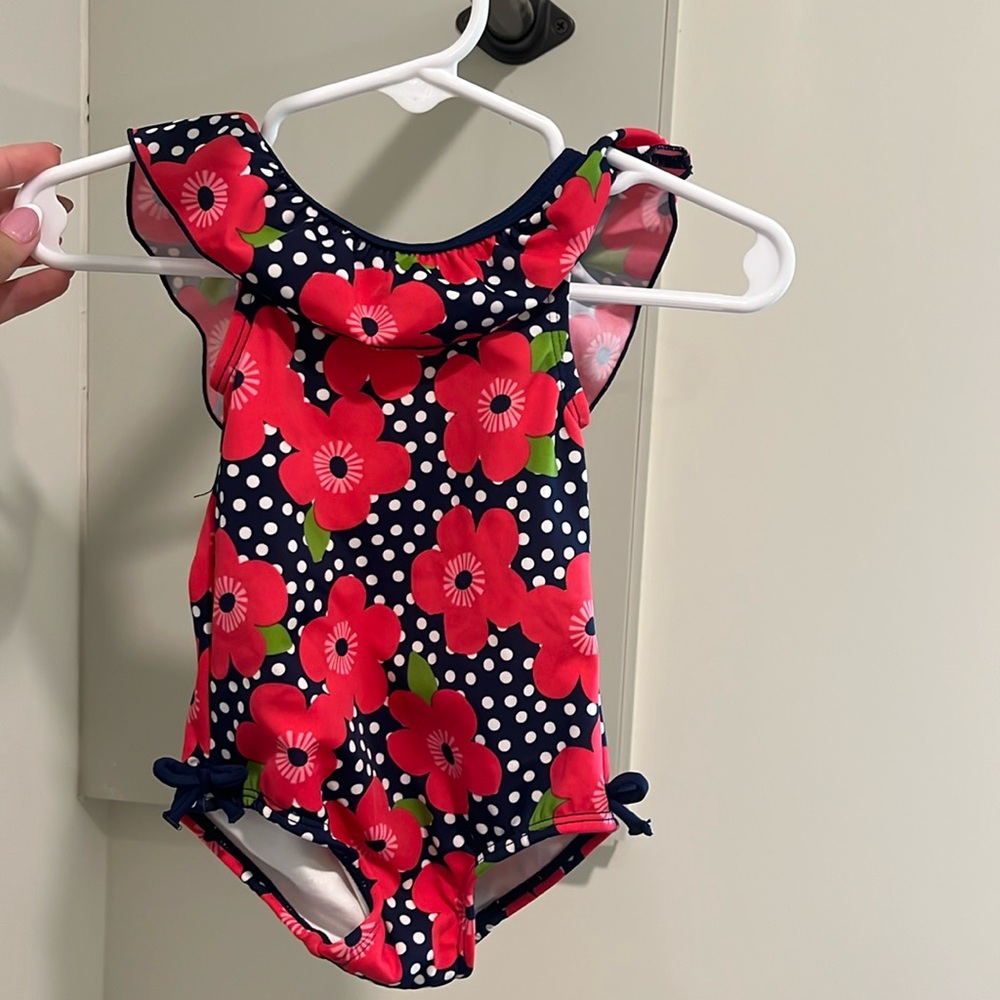 Gymboree Navy and Red Poppy Floral Swimsuit w/ a Matching Hat